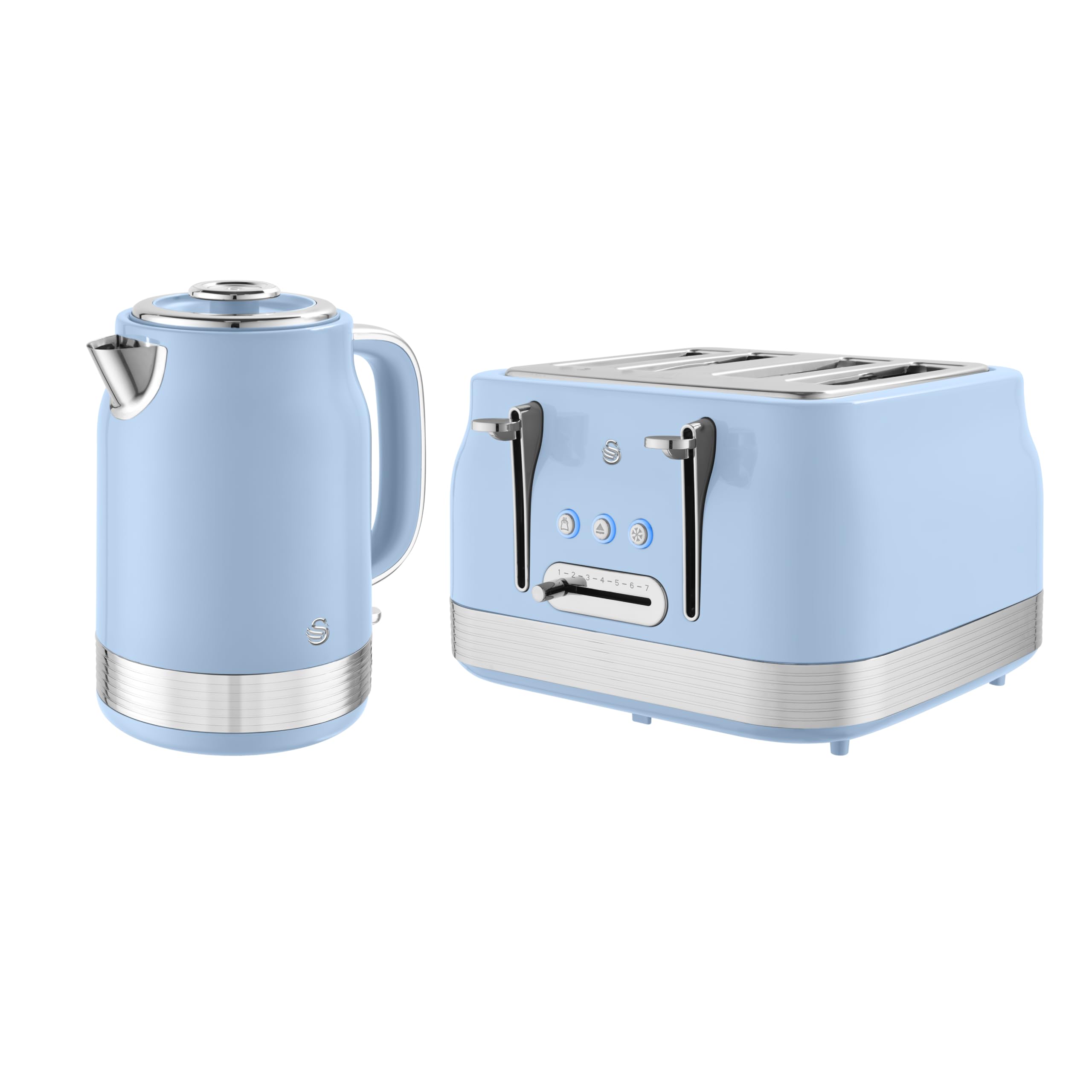 Swan Retro Kitchen Set, 1.7L Rapid Boil Jug Kettle with 360 Degree Base and 4 Slice Toaster with 7 Browning Levels, 1860W, Blue, SK19025BLU & ST19029BLU