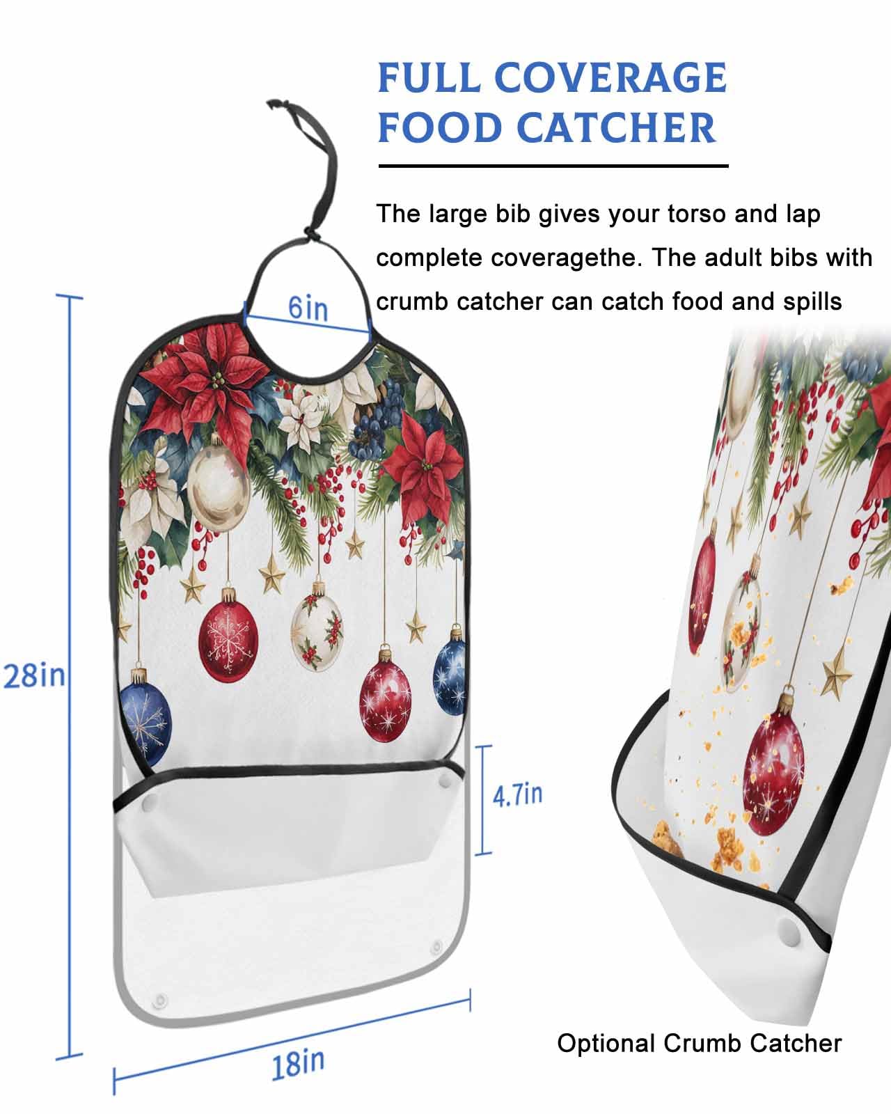 Christmas Adult Bib for Adults Men, Women, Winter Red Blue Poinsettia Berry Snowflake Washable & Adjustable Terry Cloth Bib with Crumb Catcher Reusable Waterproof Clothing Clothes Protector Apron