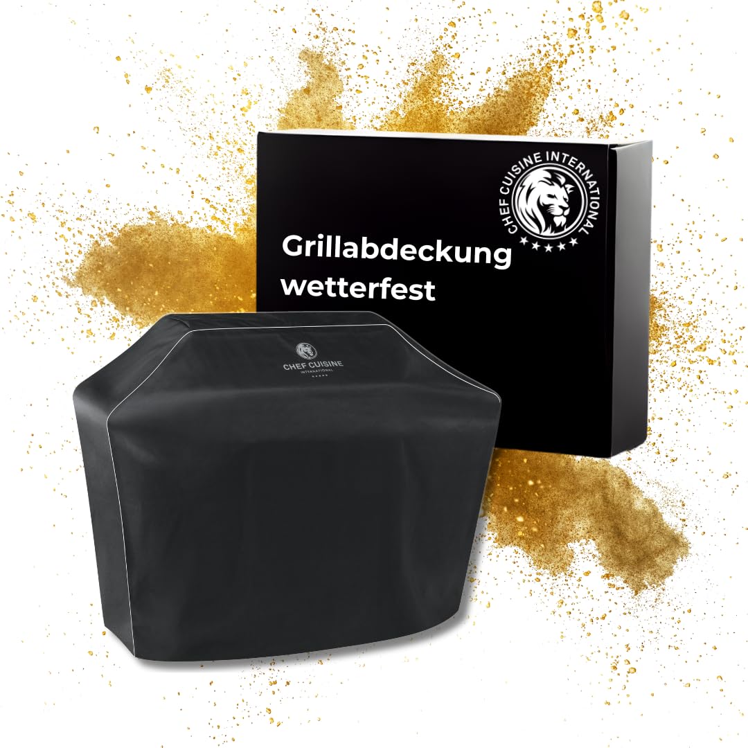 Chef Cuisine BBQ Grill-Abdeckung XL – Gasgrill Abdeckung wetterfest, Grill Abdeckhaube aus Oxford-Gewebe, wasserfeste und UV-beständige Grillabdeckung mit Einstellbarer Weite, 145x116x56 cm, schwarz