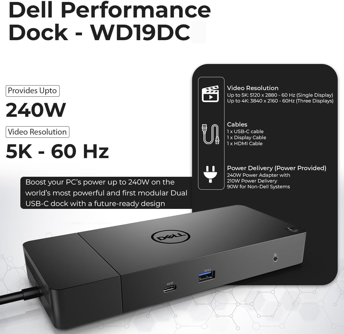 Dell WD19DC Performance Docking Station USB-C with 240W Power Adapter (210W Power Delivery) + HDMI Cable + Display Port Cable + USB-C Cable + Microfiber Cloth Included (Renewed)