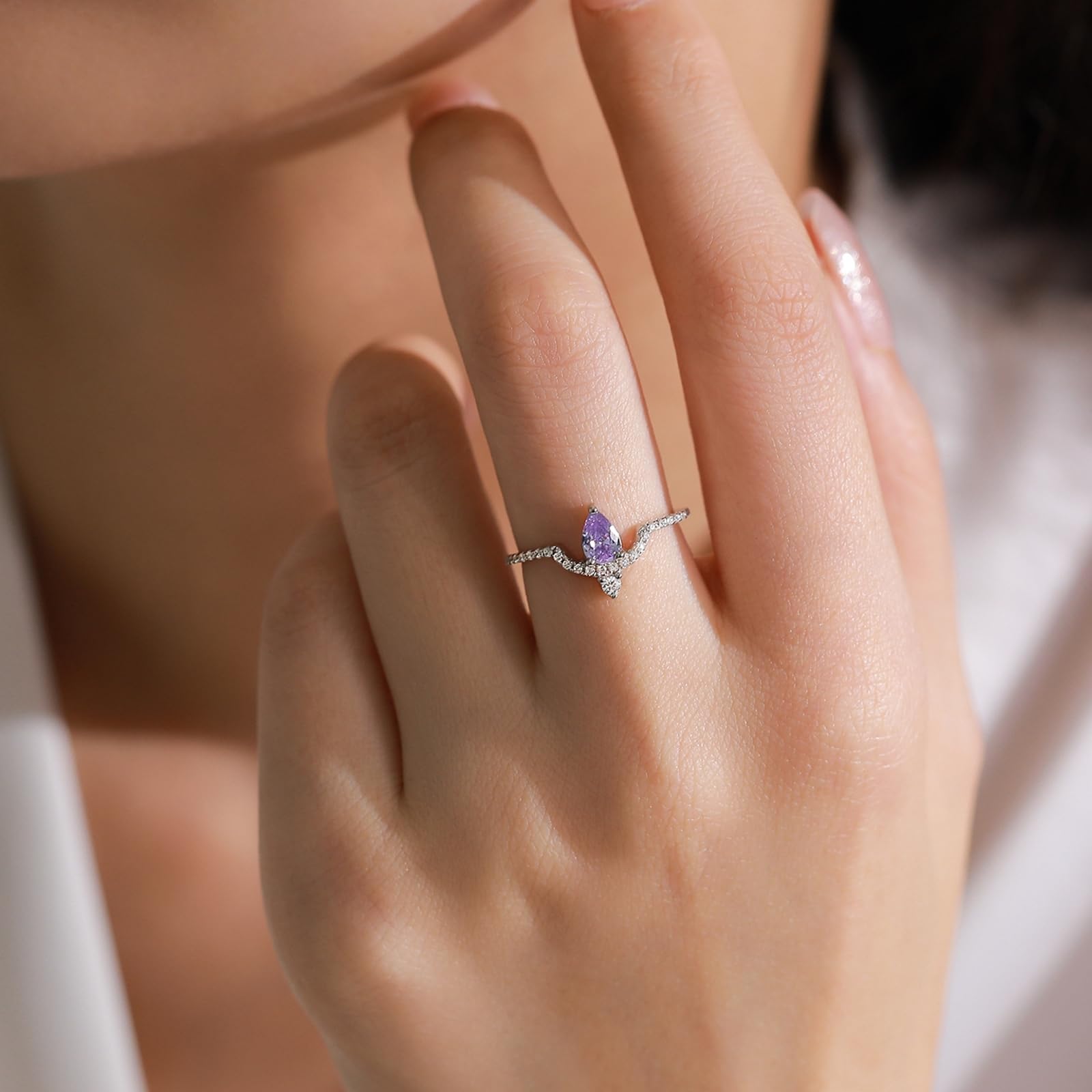 Anillo de oro para mujer, anillo de boda de oro auténtico, elegante con amatista de 0,3 quilates, oro blanco, alianza de boda para mujeres