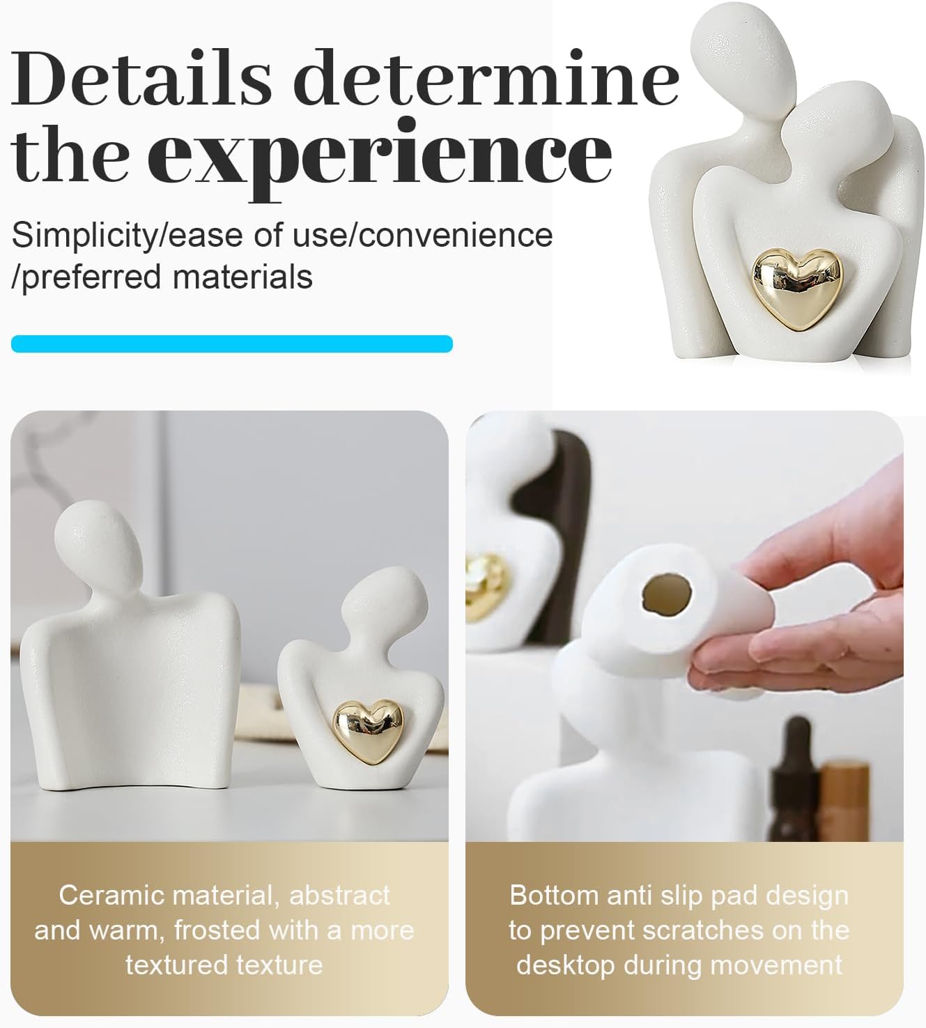 Ceramic Hugging Couple Figurines for Home Decor, 10" Modern Romantic Abstract Sculpture Hug Couple Statues for Living Room Office Bookshelf Bedroom Décor - Image 2