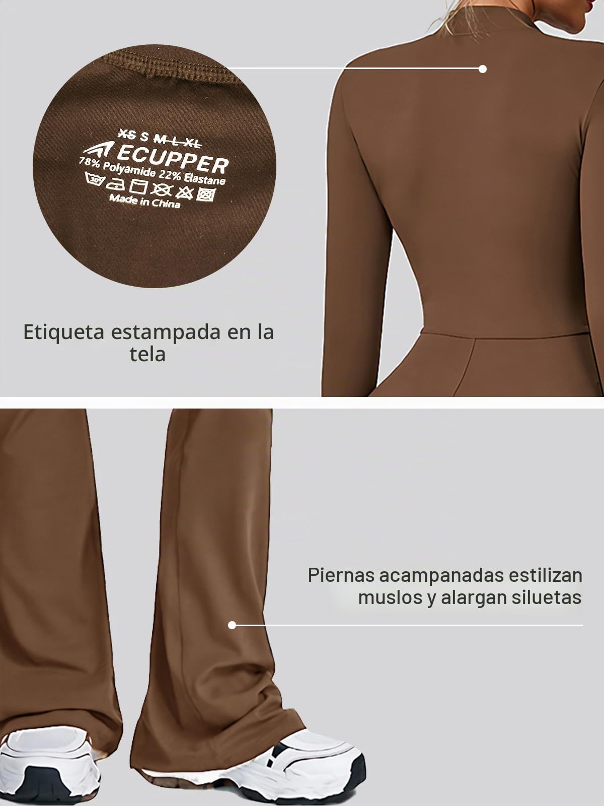 Ecupper Mono de Mujer con Mangas Largas, Abertura en la Parte Inferior, cremallera,Enterizo, Bodysuit Completo, Unitardo de Yoga, Piernas Amplias y Sexy
