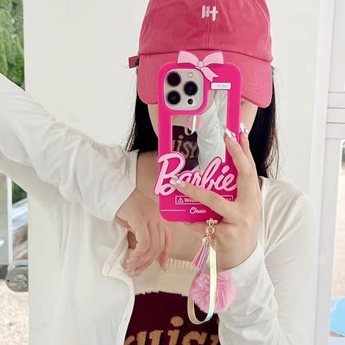 Miniatura 2 de Funda para iPhone 14 Pro Max con diseño de dibujos animados, para mujeres y niñas, espejo de moda con colgante de bola de felpa, personaje de