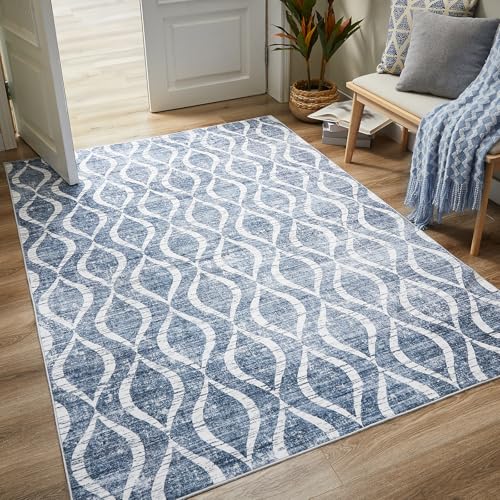 WITSHOCK Area Rugs for Living Room 5x7: Washable Non-Slip Soft Geometric Large Indoor Rug for Bedroom Dining Room, Low Pile Boho Pattern Carpet for Nursery Playroom Decor, Kid & Pet Friendly, Blue WITSHOCK Area Rugs for Living Room 5x7: Washable Non-Slip Soft Geometric Large Indoor Rug for Bedroom Dining Room, Low Pile Boho Pattern Carpet for Nursery Playroom Decor, Kid & Pet Friendly, Blue