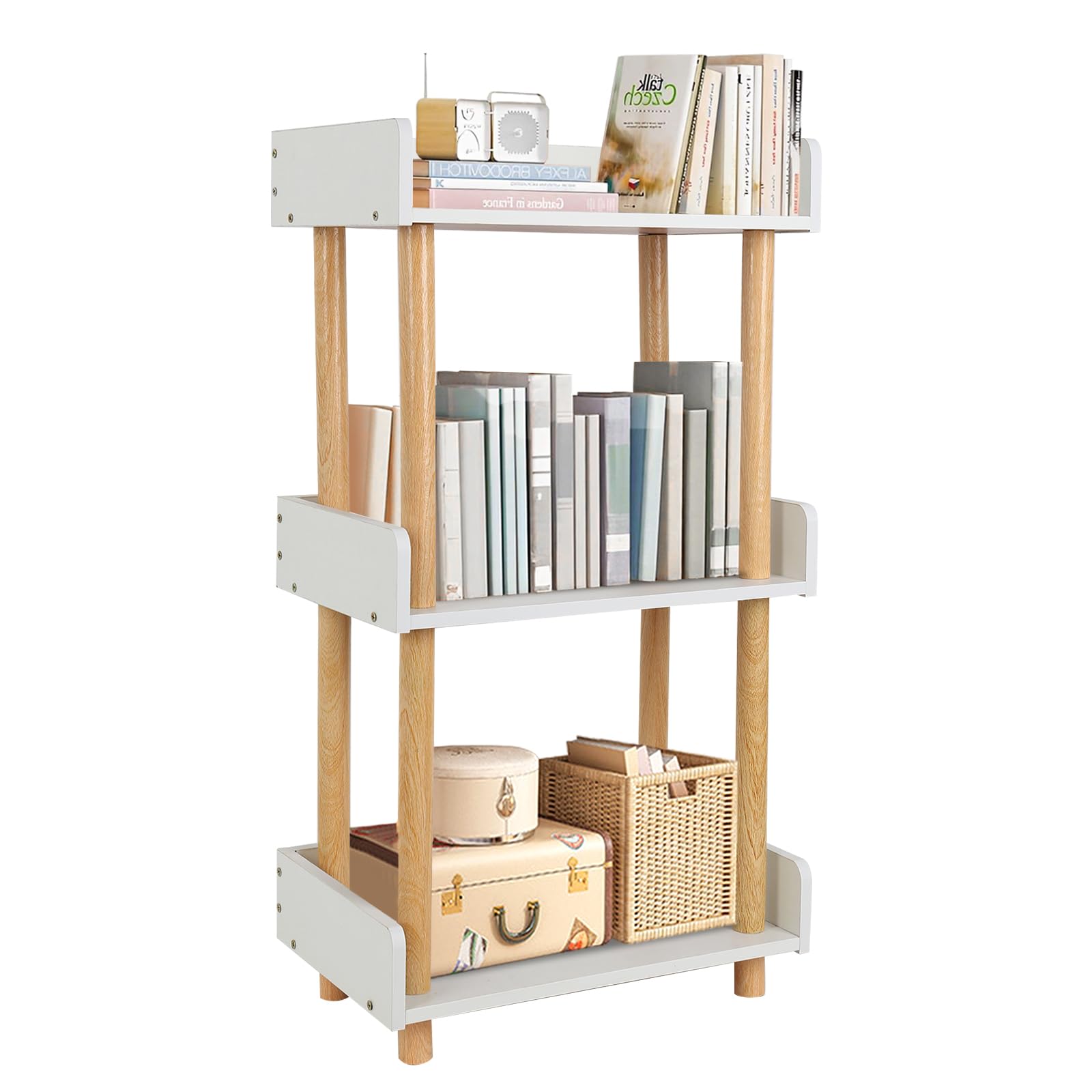 3-Tier Wooden Bookshelf Modern Open Bookcase with Top Edge and Solid Wood Frame FreeStanding Display Storage Rack Multifunctional Display Stand for Home and Office, Warm White