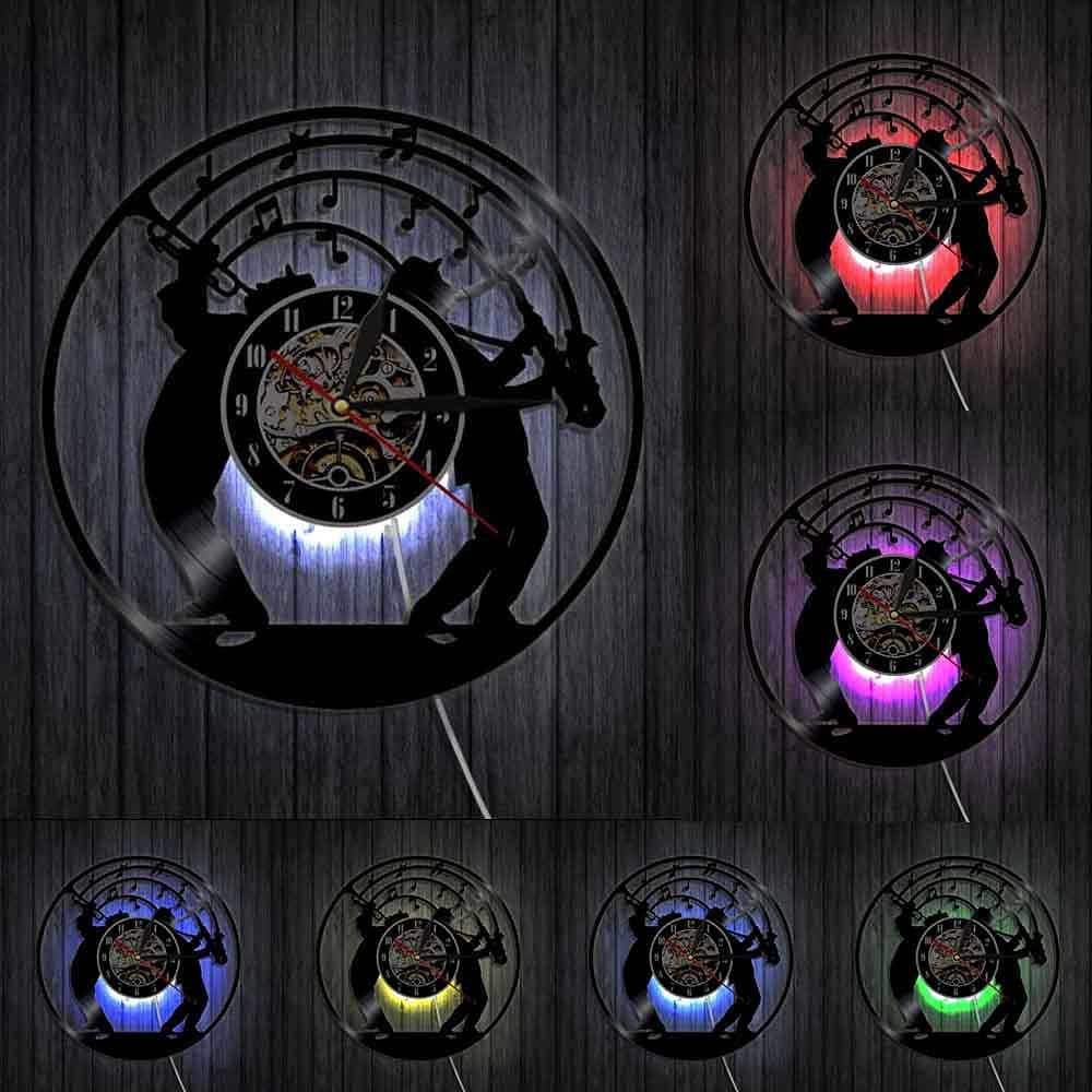 ELD Dia 30cm Jazz Musik Wanduhr mit LED-Licht Kunst Vinyl Schallplatte Saxophon Modernes Design Beleuchtet Stilles Uhrenarmband Liebhaber Geschenk Freunde Geschenk Fernbedienung Kunstuhren