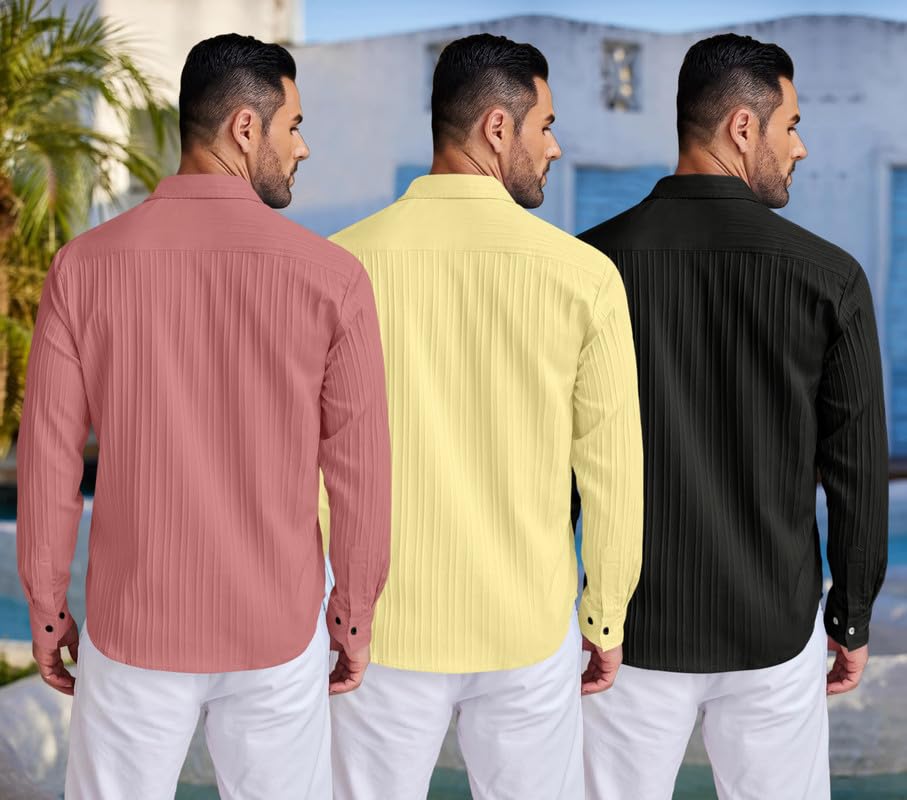Image of FINIVO FASHION Combo of Men's Casual Cotton Plain Button Down Shirt Long Sleeve Textured Summer Beach Shirt for Men Pack of 3