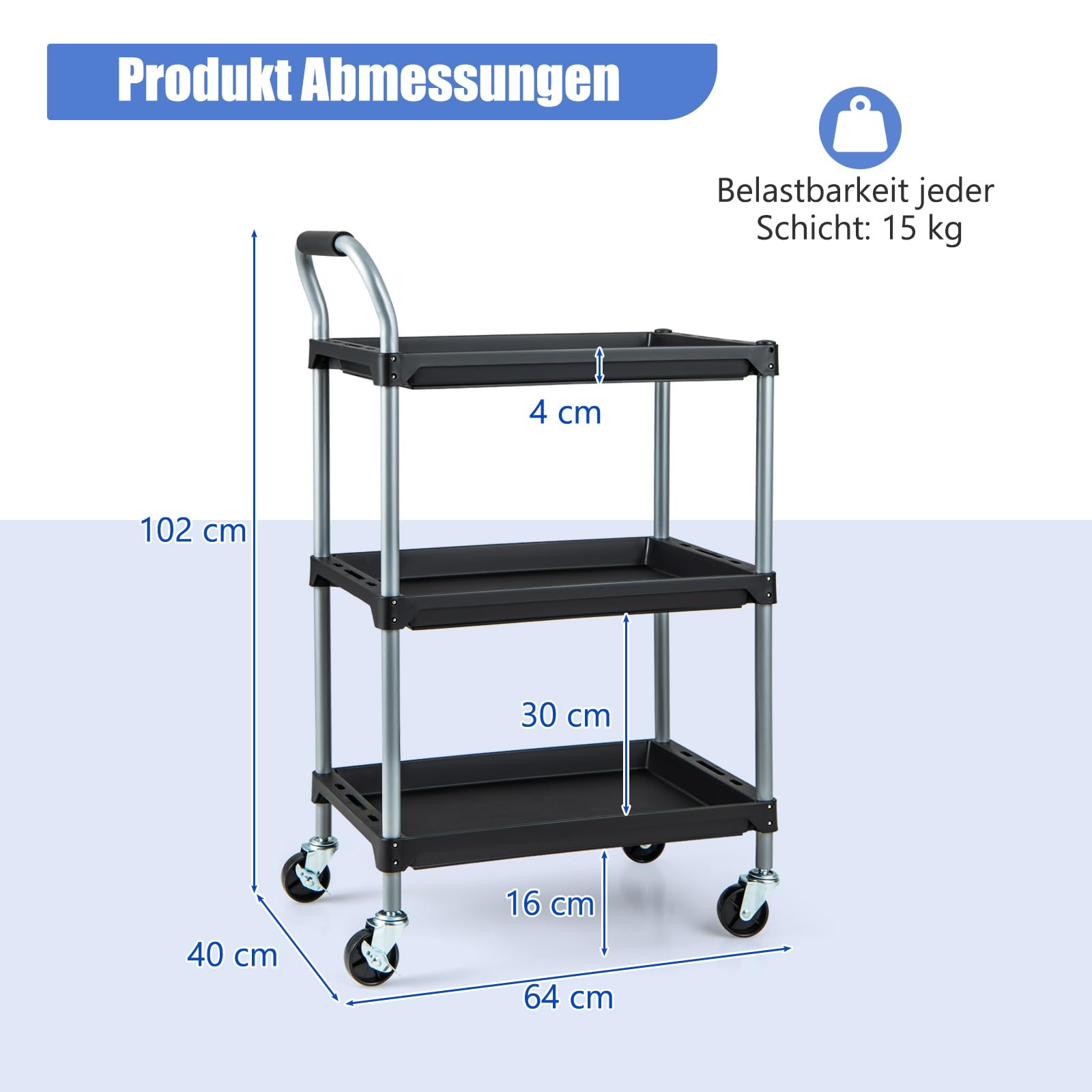 COSTWAY Rollwagen Werkstattwagen mit 3 Etagen, mobiler Werkzeugwagen mit gepolstertem Griff & Rollen, Transportwagen für Garage, Lager, Küche, 64 x 40 x 102 cm