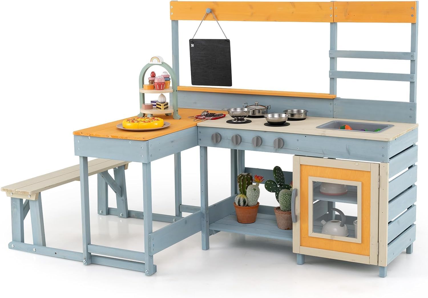 GYMAX Kids Mud Kitchen, Children Pretend Play Kitchen with Picnic Table, Bench, Blackboard, Stoves, Kitchenware & Dessert Accessories, Outdoor Wooden Toy Kitchen Set for 3+ Years Old