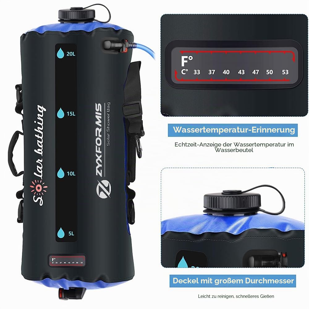 Tragbare Campingdusche mit Temperaturanzeige, 20L TPU Solarbetriebene Camping Dusche Tasche mit Druckfuß, Pumpe Duschkopf und Schlauch für Camping, Wandern, Strand, Reisen, Haustier