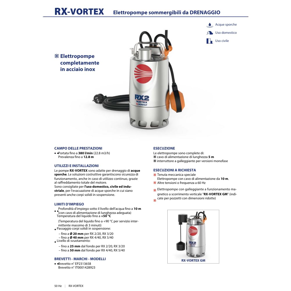 Pedrollo Elettropompa Sommergibile RXm Vortex monofase 220 V per acque chiare in acciaio inox (RXm 2/20)