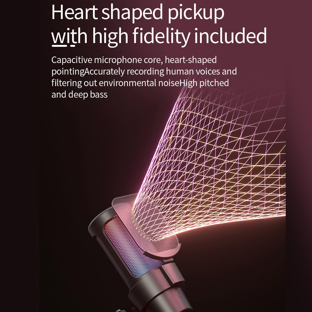 Microfono da Gioco USB,Microfono per Computer,Microfono USB Rgb,Kit Microfono Illuminazione Rgb con Treppiede Cardioide per Riunioni di Gioco,Registrazione Audio in Streaming (Rosa)