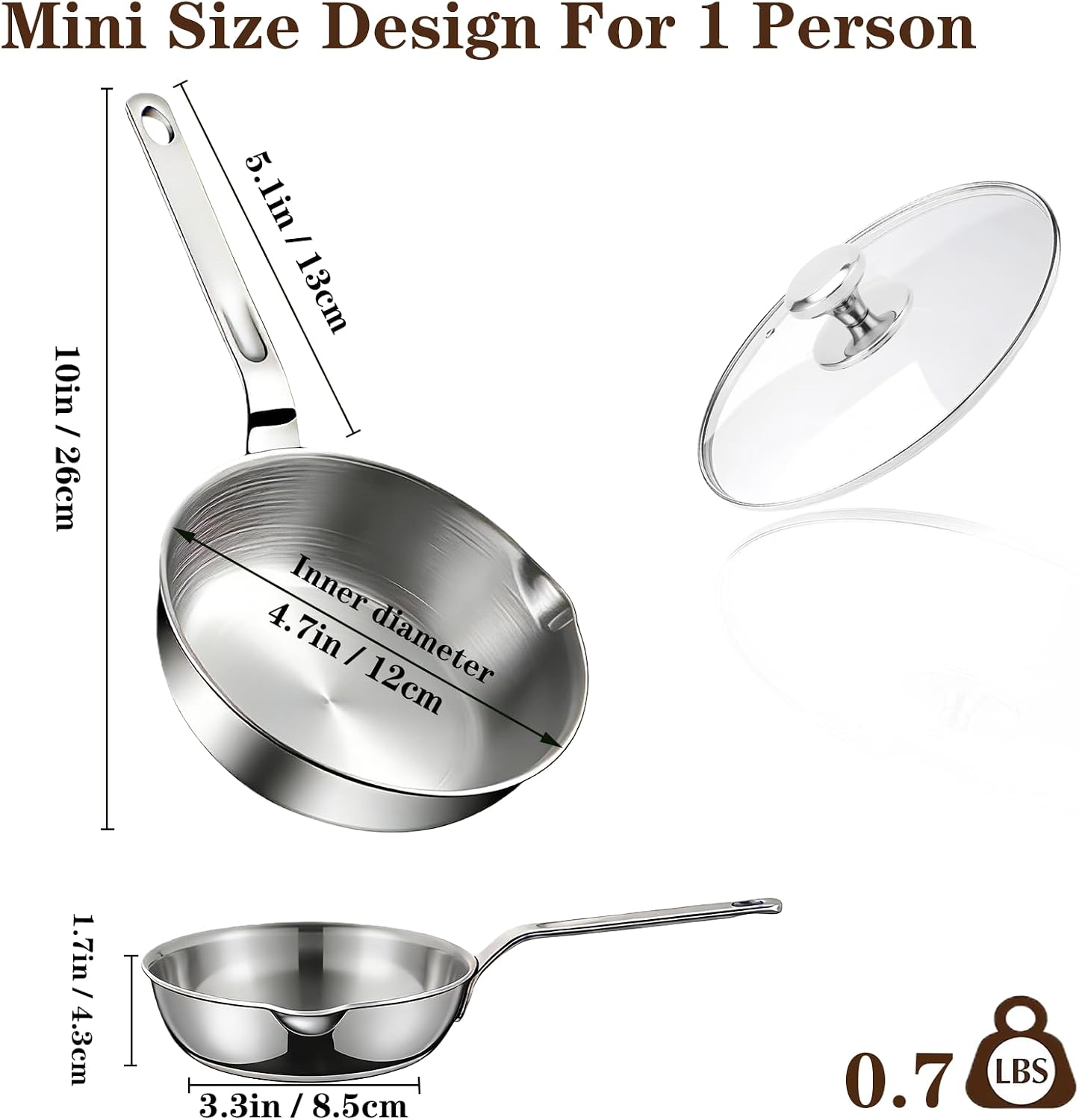 Egg Pan 316 Stainless Steel Small Frying Pan with Lid,4.7Inch Mini Skillet
