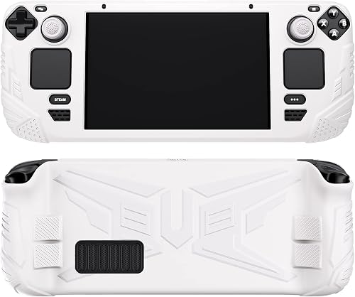 PlayVital Armor Series Ergonomic Case for Steam Deck LCD, Soft Cover Protective Silicone Protector with Back Button Enhancement Designed & Thumb Grips Caps for Steam Deck - White