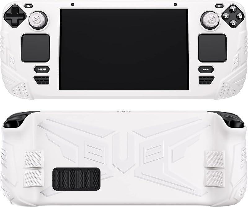 PlayVital Armor Series Ergonomic Case for Steam Deck LCD, Soft Cover Protective Silicone Protector with Back Button Enhancement Designed & Thumb Grips Caps for Steam Deck - White