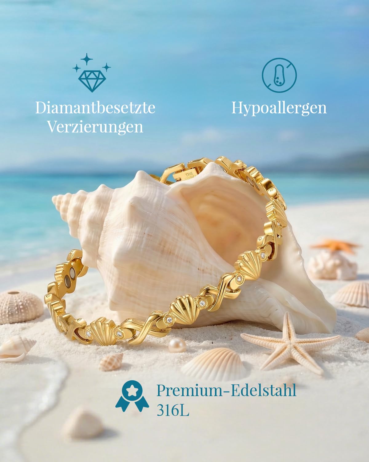 RainSo Magnetarmband für Damen - 3800 Gauß Edelstahlarmband, Muschel Armband mit Diamanten Besetzt, Verstellbare Größe, Für Einen Sommerlichen Strandurlaub (Gold)
