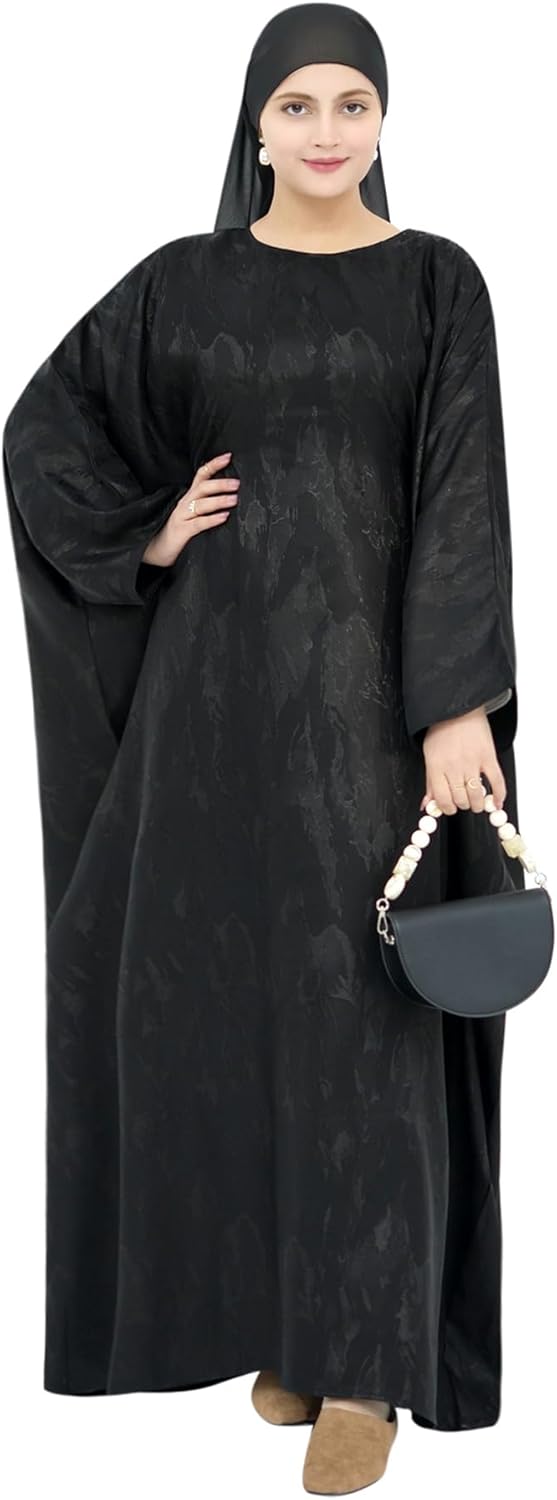 khalat Abaya Muslim Dress Women Satin Jacquard Prayer Dress Batwing Long Sleeve Islamic Dubai Robe with Chiffon Hijab