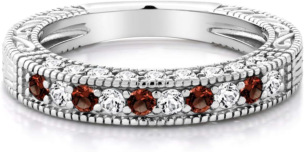 Gem Stone King 1.00 Cttw Red Garnet and White Created Sapphire Wedding Band Ring For Women | 925 Sterling Silver | Engagement Anniversary Promise Ring For Women | Available In Size 5, 6, 7, 8, 9 - Image 3