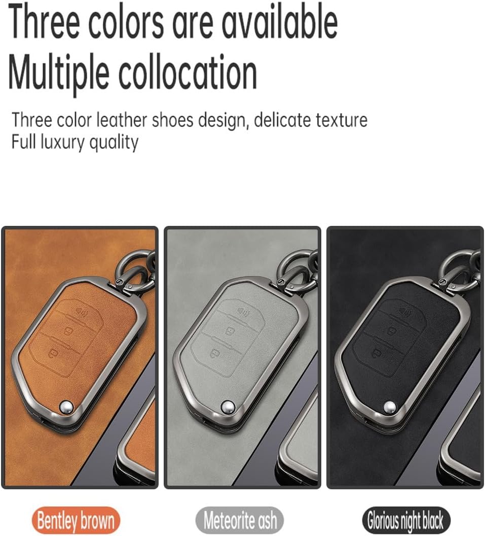 HIBEYO 3 Button Key Fob Cover Compatible with Jeep Wrangler JL JLU Gladiator 4XE 2018-2021 Accessories Leather& Zinc Alloy Folding Key Case with Keychains-3 Button Brown