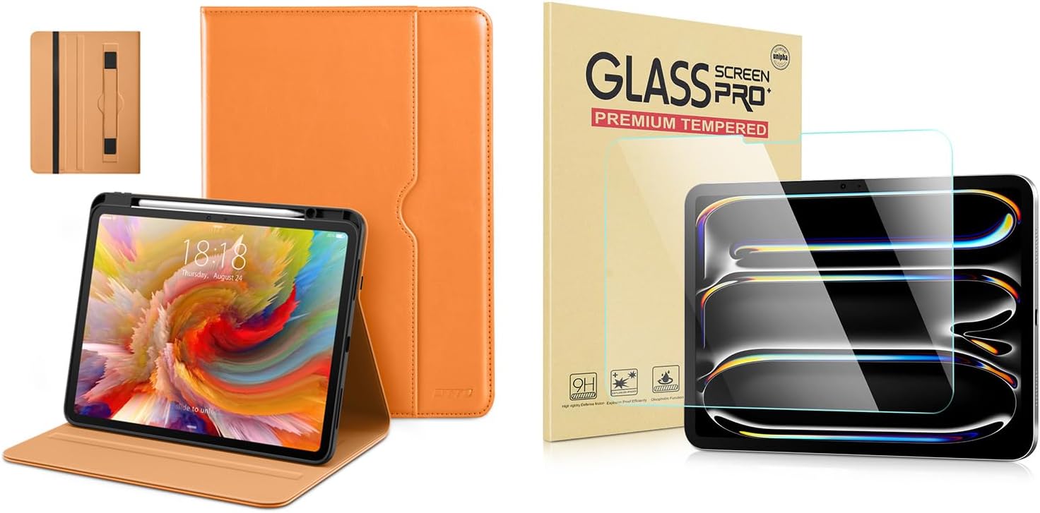 DTTO for iPad Pro 13 inch Case (M4) 2024, Premium Leather Business Folio Stand Case Orange Bundle with 9H Tempered Glass Screen Film, 2.5D Edge, Ultra Clear Transparency, 1 Pack