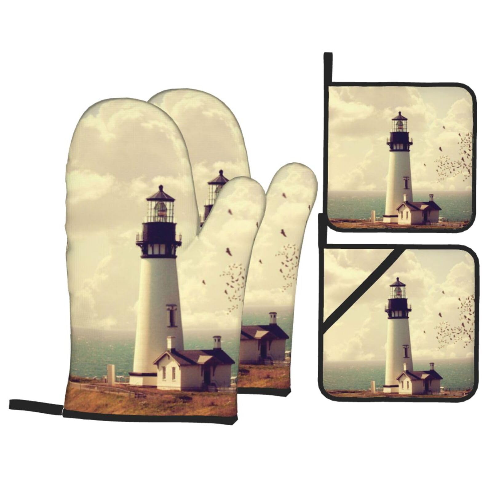 Old Lighthouse Print Stylish Heat-Resistant Oven 4-Piece Set Kitchen Gloves Roasting Daily Cooking