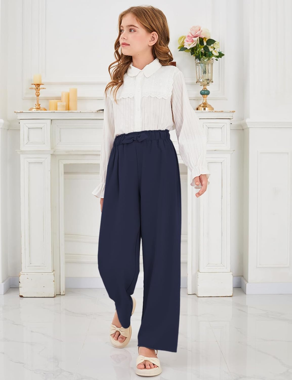 Girls Wide Leg Palazzo Pant Loose Straight Cute Bow Waist Spring Summer Lightweight Dress Pant for Kids 5-14Y - Image 5