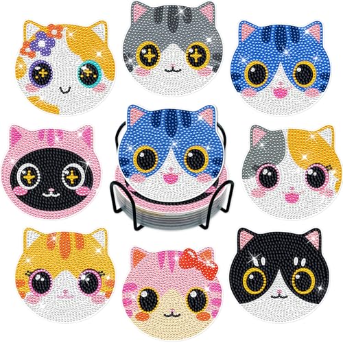 Image of ZTOTZ Cat Diamond Art Painting Coaster Kit, DIY Round Coasters Set of 8 | Cute Cat Crafts Kit, Includes Holder Stand, Cork Backing Pads, Ideal Christmas Gift, For Adults & Beginners, 3.9in Size