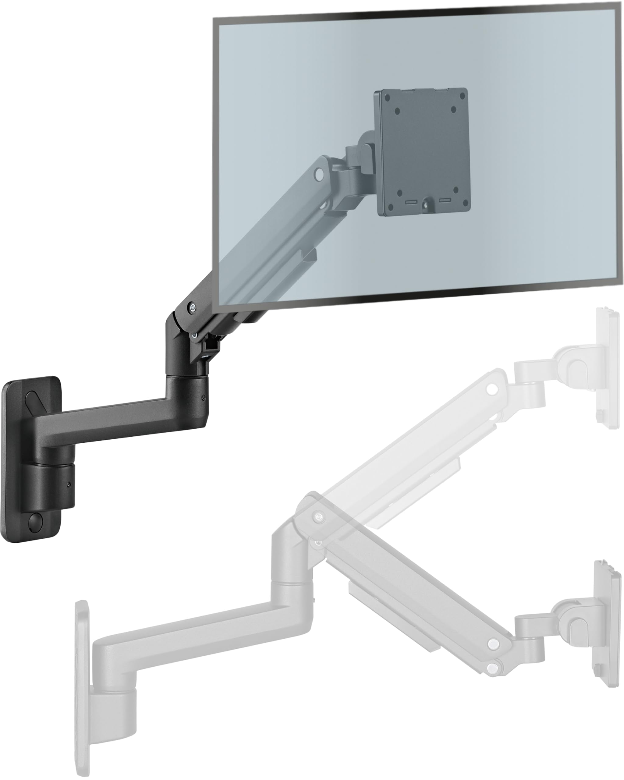 Xantron PRO-WallGS - Supporto da parete ergonomico regolabile in altezza, VESA 75 x 75 e 100 x 100 cm, per monitor 1 monitor da 17 a 49 pollici, rotazione a 360 gradi fino a 20 kg