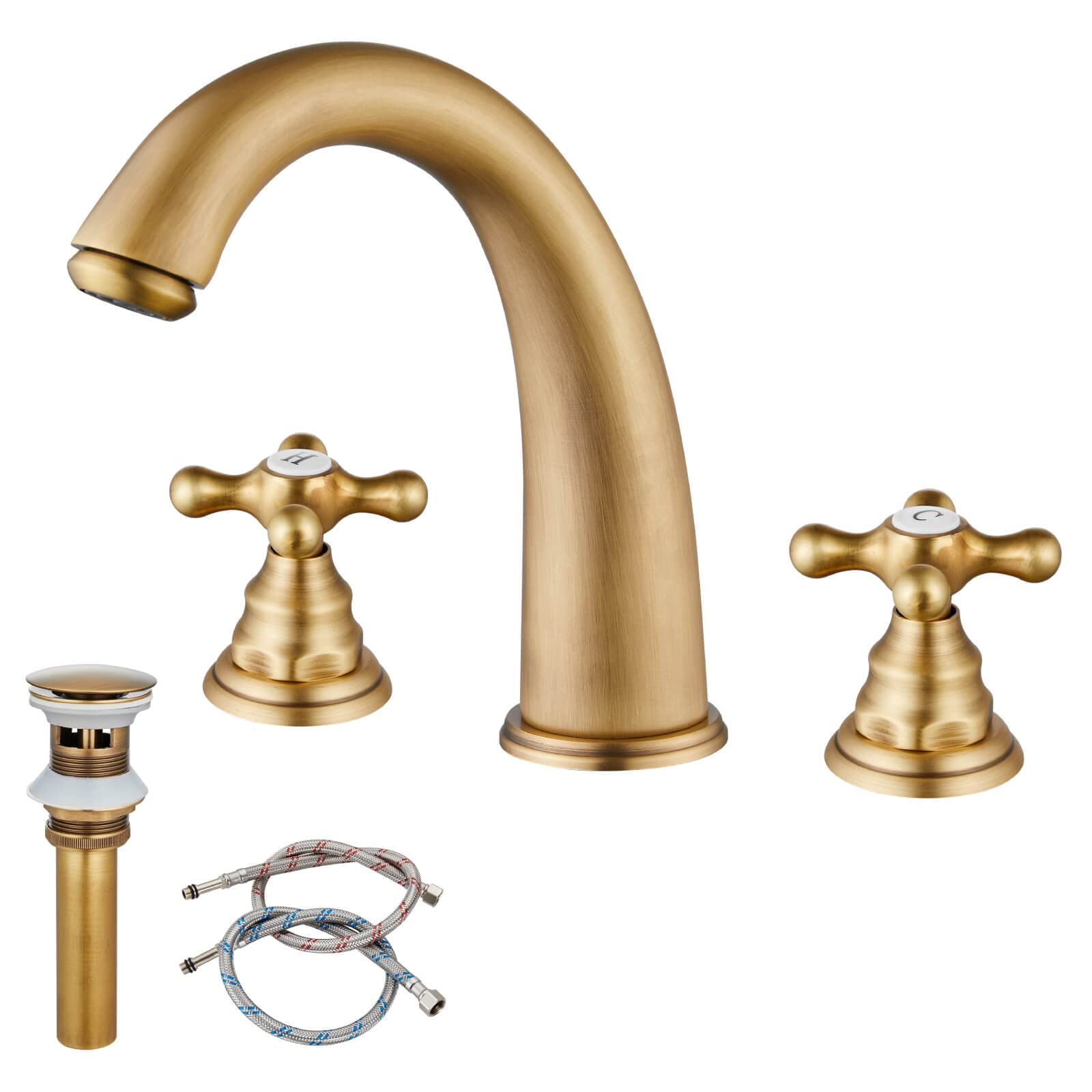 gotonovo 3 Hole 2 Handles Bathroom Sink Faucet with Pop Up Drain with Waterhoses with H and C Marks Antique Brass Dual Cross Knobs