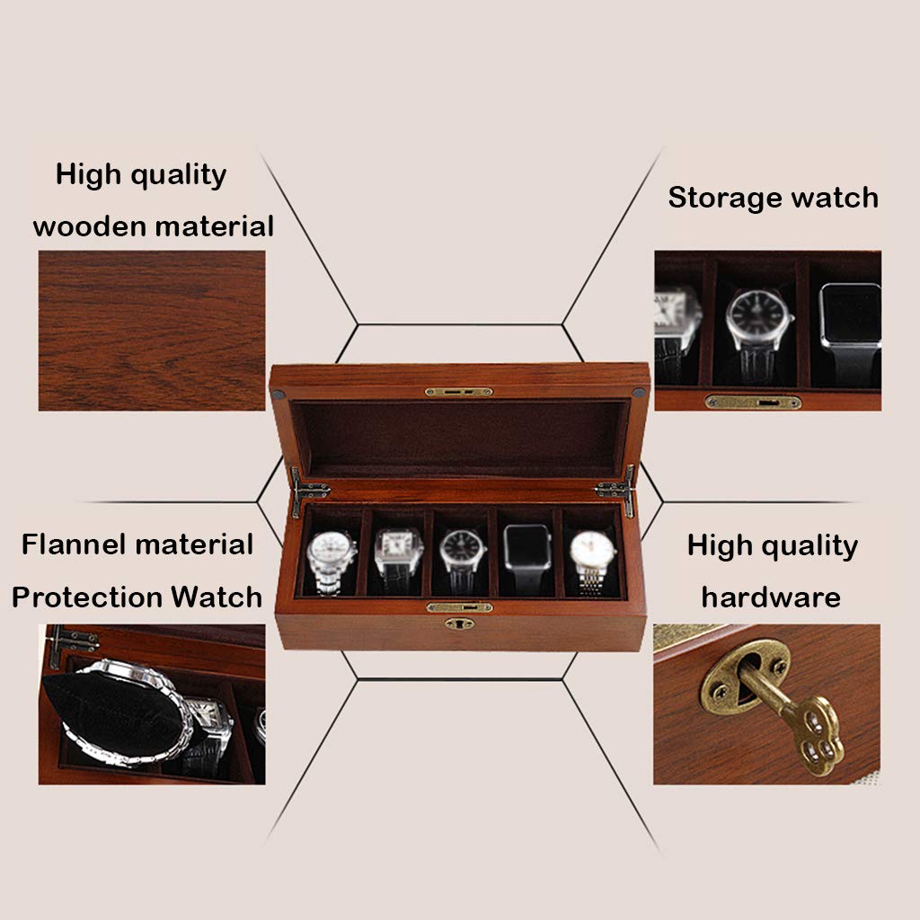 Tapa de vidrio 5 Cajas de reloj Mujeres Caja de almacenamiento de exhibición de joyería de madera Caja de pulsera Bandeja de hebilla de metal con cerradura y 5 almohadas de almacenamiento extraíbles