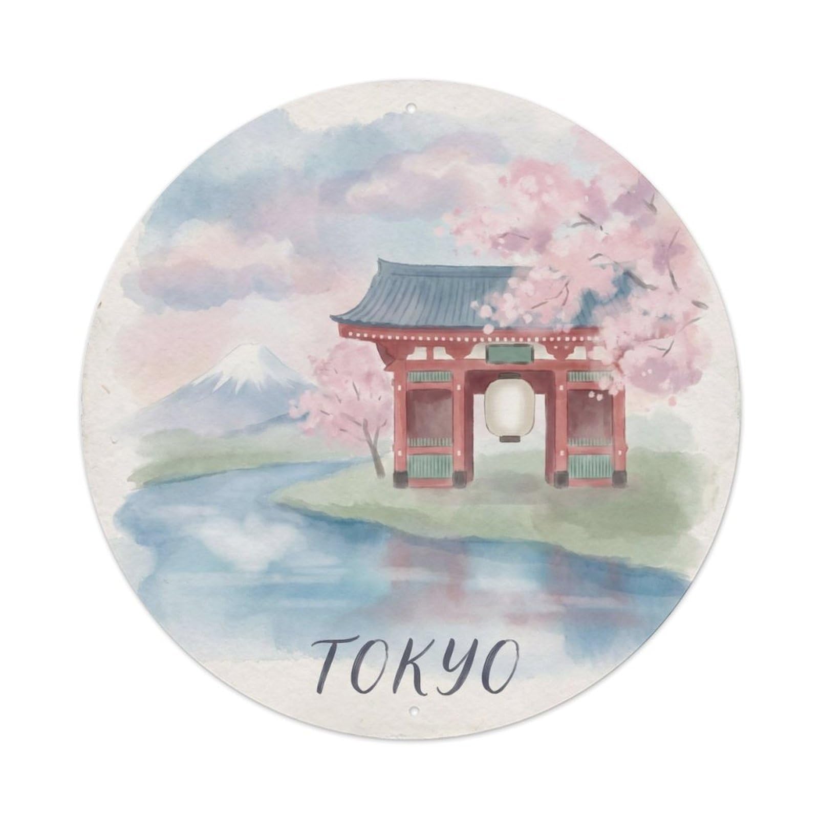 Tokyo Watercolor Vintage Travel Temple Cityscape Japan Landmark Metal Tin Sign Plaque Wall Decor for Cafe, Man Cave, Club Bar, Office, Home Garden Round Metal Poster 8x8Inch