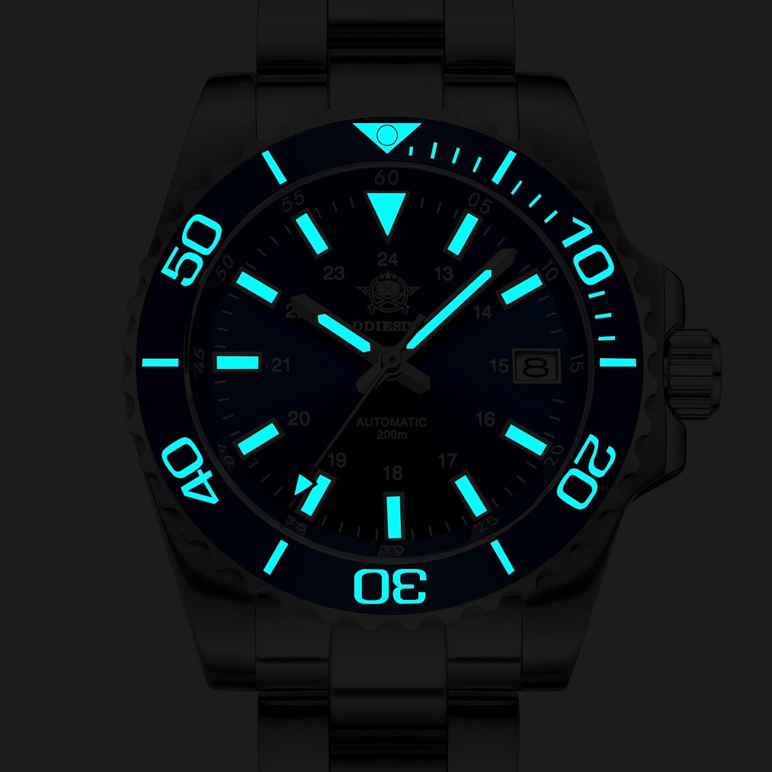 ADDIESDIVE Men's Automatic Dive Watch Sunray Brushed Dial 200M Waterproof Synthetic Sapphire Super Luminous Stainless Steel Diving Watch for Outdoor