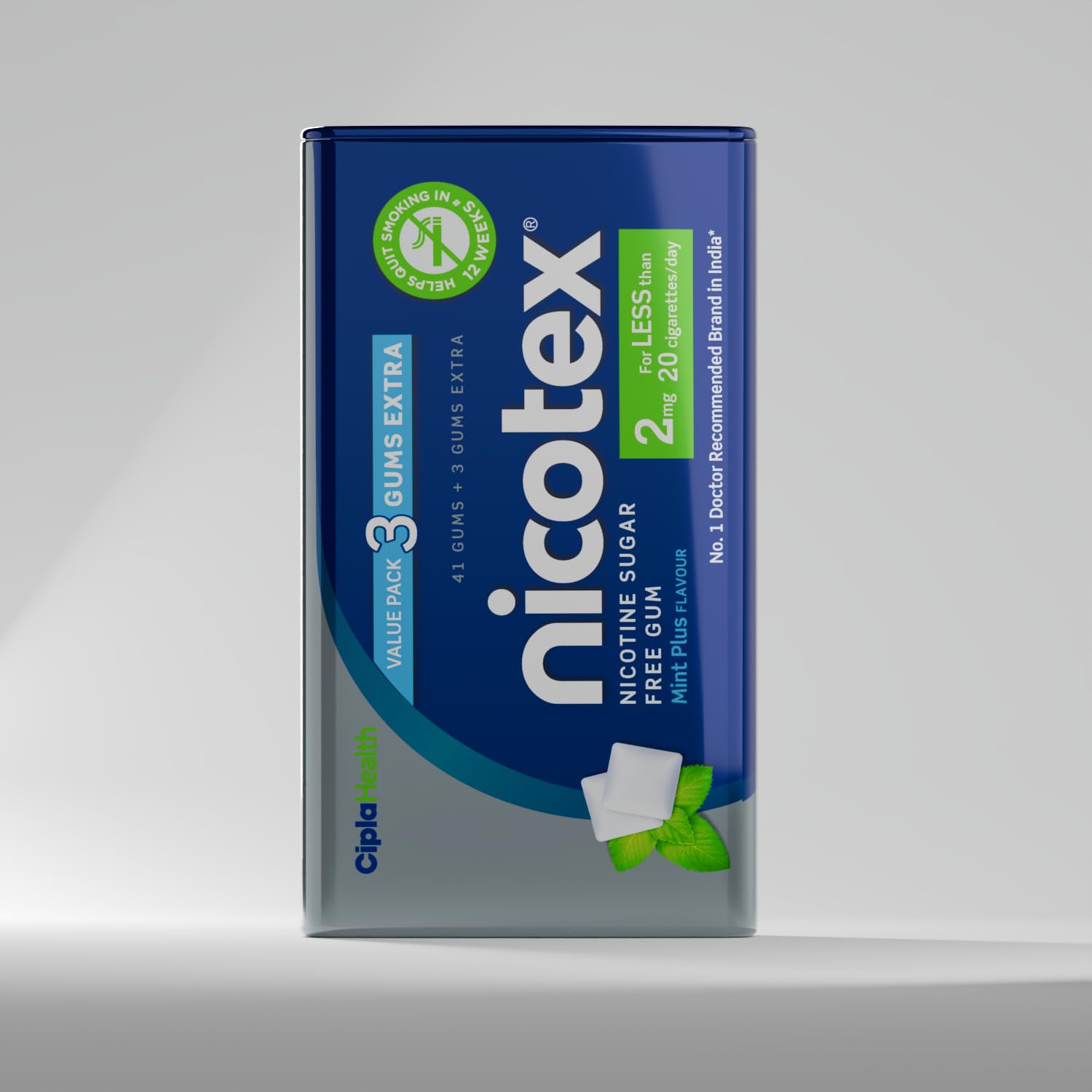 Cipla Nicotex Nicotine Sugar Free Mint Plus Gums 2mg | Helps to Quit Smoking | WHO - approved Therapy | 44 Gums | Pack of 1