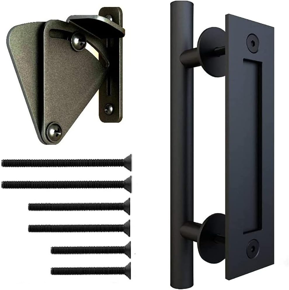 Pull and Flush Handle Set 12" with Door Lock for Sliding Barn Door. Flush Mount Back Plate. 3 Pairs of Different Length Screws. Frosted Black Satin Powder Coating Handle