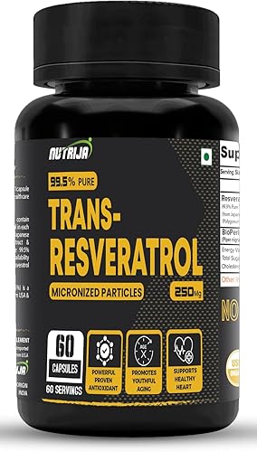 NutriJa Cápsulas de resveratrol Trans de 250 mg 99.5% puro micronizado y altamente suplemento que ayuda a ralentizar el envejecimiento, potente