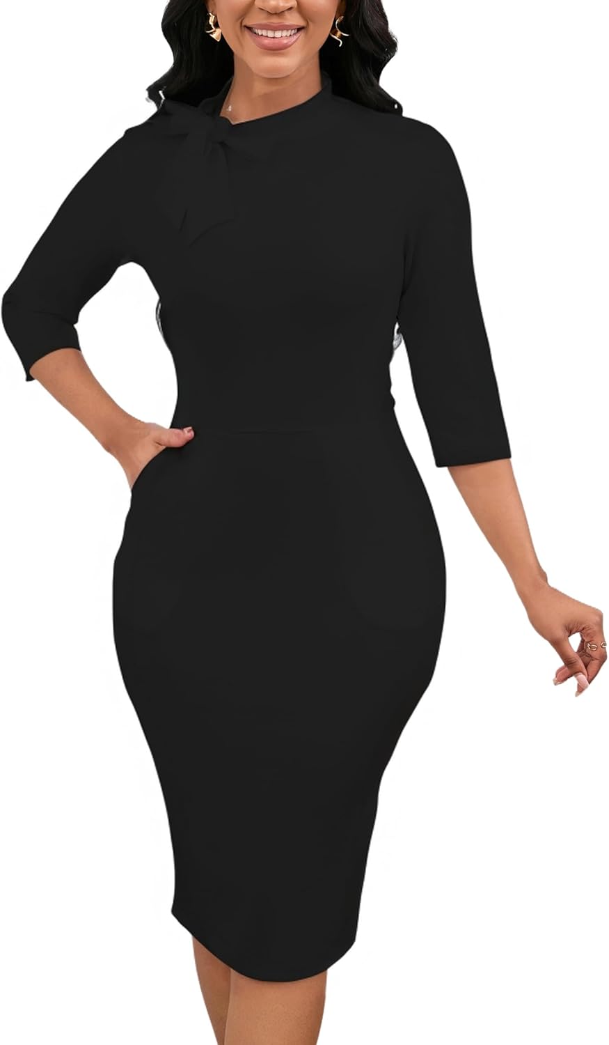 Womens 1950S Vintage Church 3/4 Sleeve Tie Neck Bodycon Work Pencil Midi Dress Womens 1950S Vintage Church 3/4 Sleeve Tie Neck Bodycon Work Pencil Midi Dress