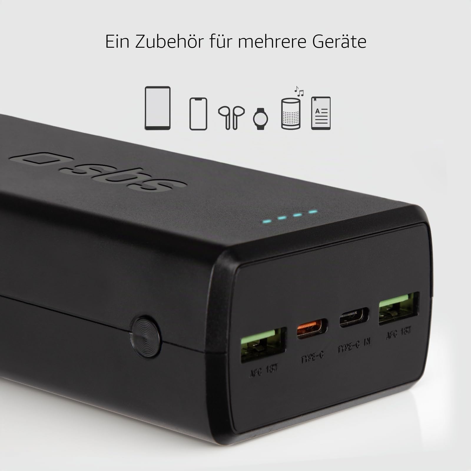 SBS PowerBank 30K Fast, 30.000 mAh Power Delivery, Schnellladung 20 W, Adaptive Fast Charge (AFC), Status-LED, USB-C, USB-A, Ladegerät für iPhone, iPad, AirPods, Samsung, Tablet, Smartphone
