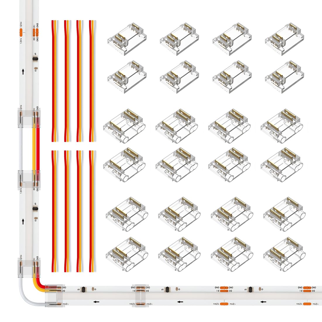 SEZO Juego de Conectores LED FCOB RGB IC de 3 pines 12mm 24 Unidades Transparente sin Soldadura Placa a Bordo Conector de Cable + 8 Cables de Extensión de 15cm de Largo 22 AWG