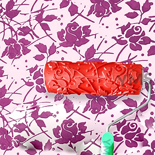 Image of YMS Rose Flower Pattern Rubber Roller with Handle, DIY Painting Tool Household Wall Art for Home Decoration (7 inch, Blue /Red)