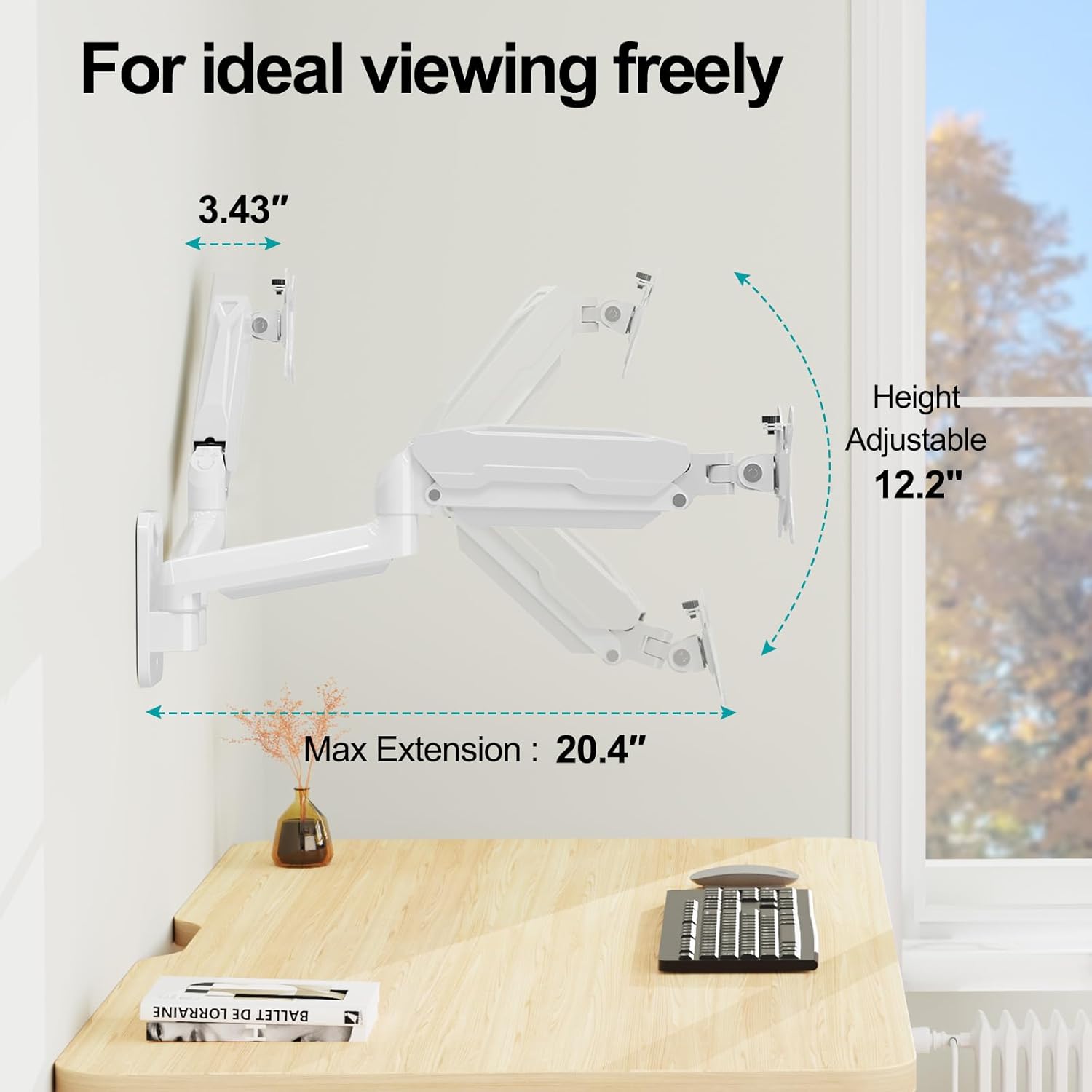 MOUNT PRO Dual Monitor Wall Mount for 13 to 32 Inch Computer Screens, Gas Spring Wall Monitor Arm for 2 Monitors, Each Holds Up to 19.8lbs, Adjustable Wall Monitor Mount with VESA 75x75/100x100, White - 5
