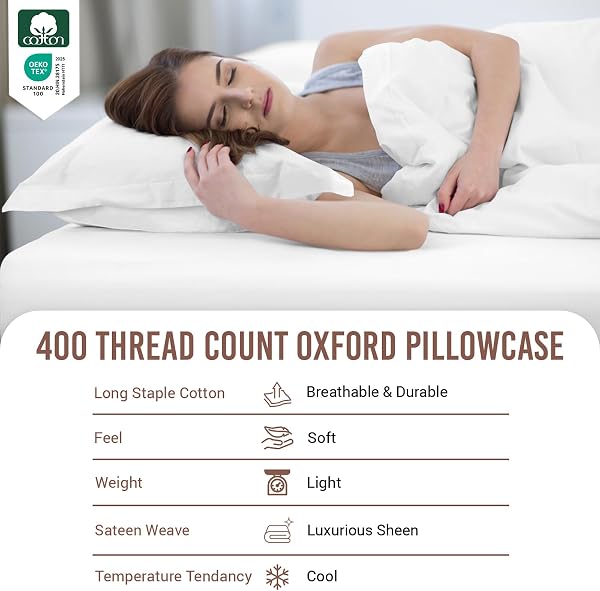Pizuna 100% Cotton Standard Pillowcases 2 Pack White 50x75cm, 400 Thread Count Long Staple Combed Cotton Soft Pillow Cover, Sateen Weave Oxford Pillow Cases (Cooling Pillowcase 2PC) - 2