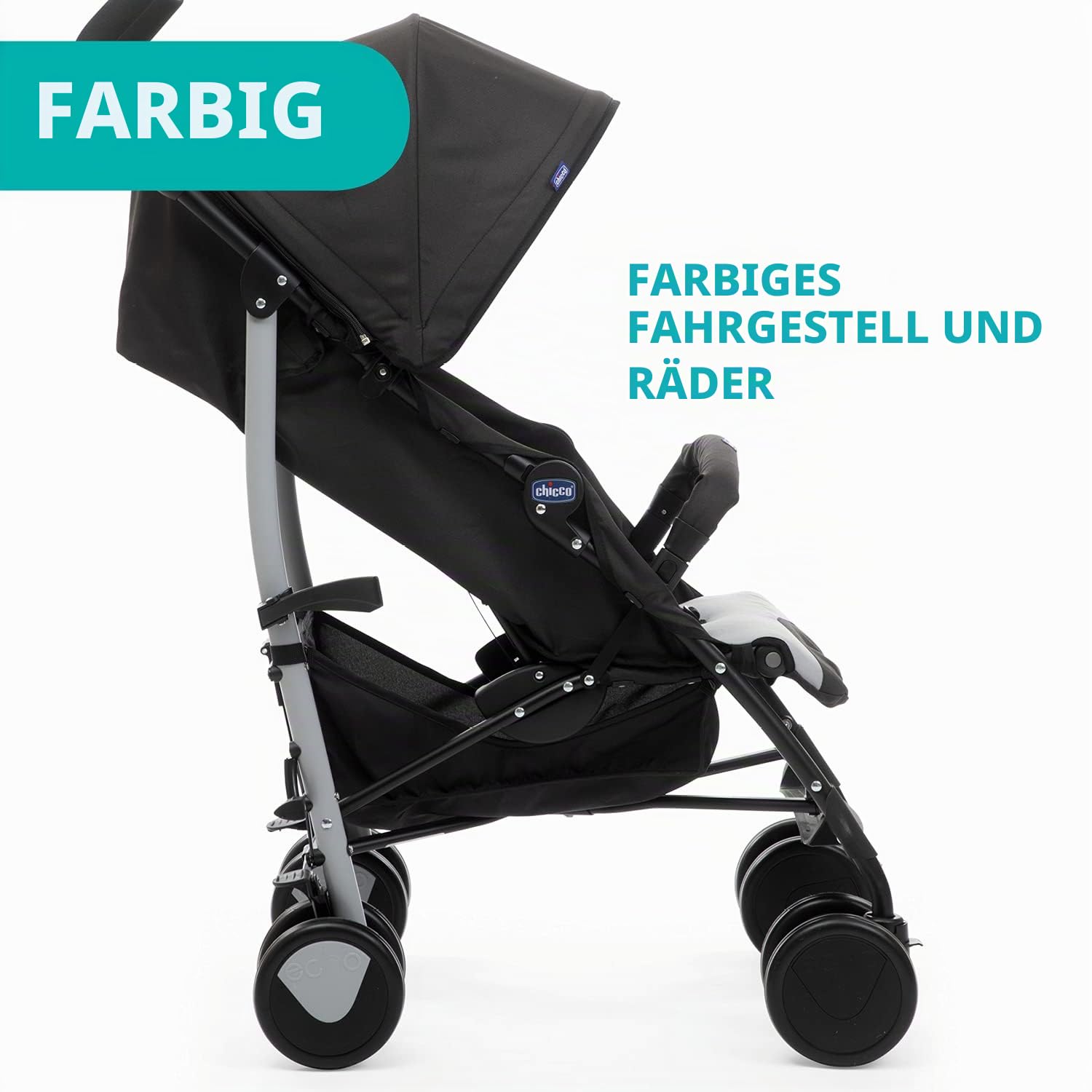 Chicco Echo Leichter Zusammenklappbarer Kinderwagen 0-22 kg Kompakter Buggy mit Frontbügel Schlafposition Regenschirmverschluss Verstellbarer Sonnenschirm