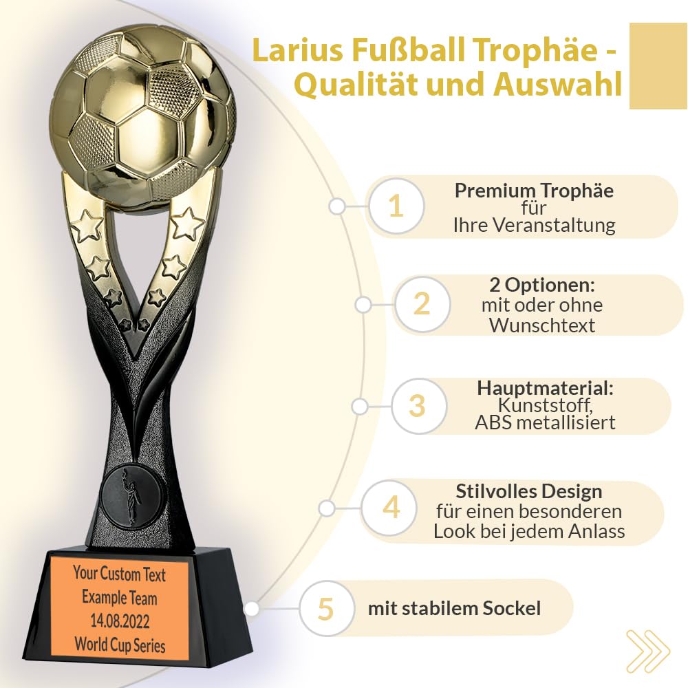 Larius Fußball Siegerpokal (26 cm, 392 g) – Goldene Trophäe mit/ohne Gravur – Ideal für Turniere, Finale, Vereinsmeisterschaften & Kindergeburtstage - F3