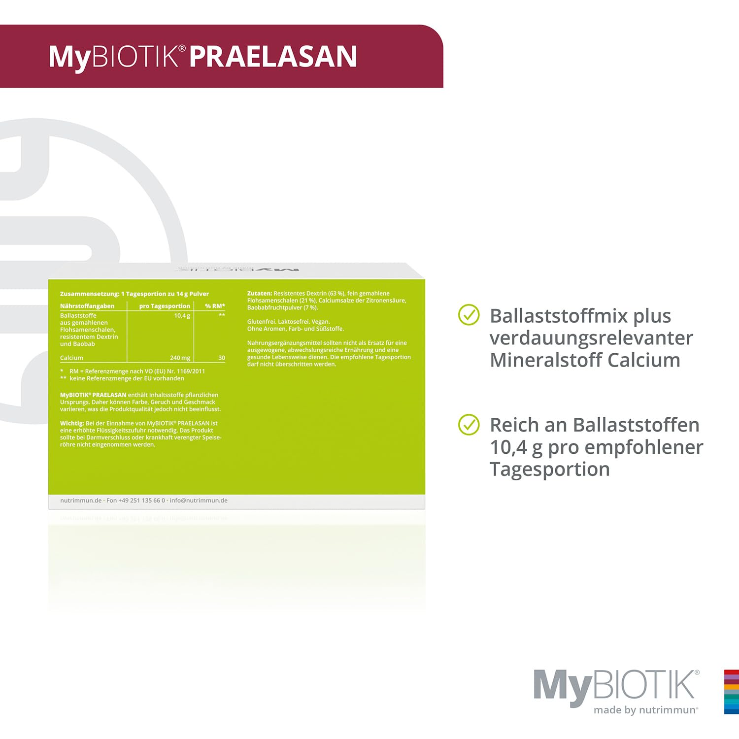 MyBIOTIK®PRAELASAN I made by nutrimmun I Für 30 Tage I Ballaststoffmix aus Flohsamenschalen, resistentem Dextrin, Baobab I Calcium I Vegan I Glutenfrei I Laktosefrei I Laborgeprüft
