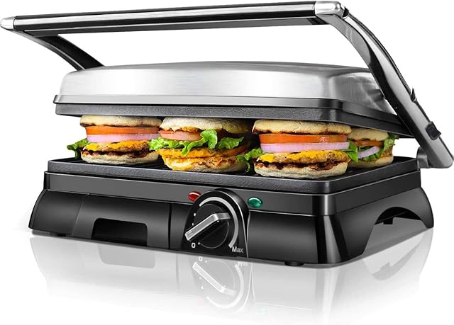 Aigostar Deep Fill Sandwich Toaster, Large 4 Slice Toastie Maker, 2000W Panini Press, Electric Grill with Non-Stick Plates, 180° Flat Open, Stainless Steel - Samson