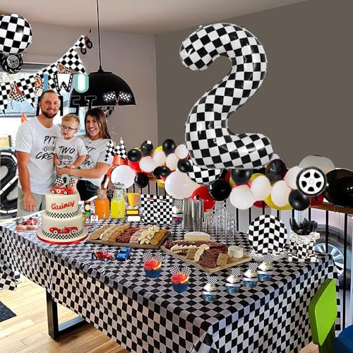 Image of TONIFUL 40 Inch Large Checkered Number 2 Balloon 2nd Birthday Decorations