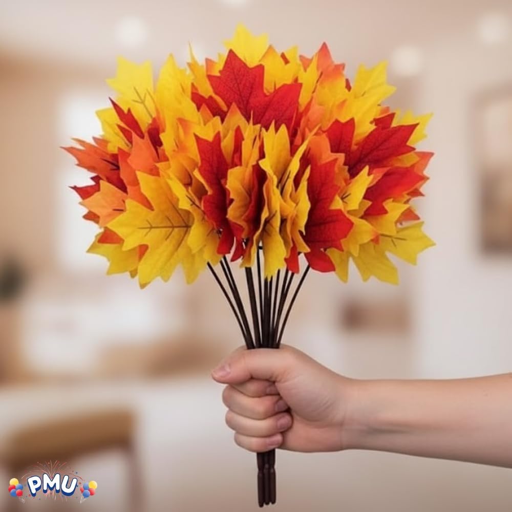 PMU 18 Pcs Fall Leaves Assortment Thanksgiving Harvest Time Decoration, 3 Branch Sets, Each Branch has 7 Stems/Leaves