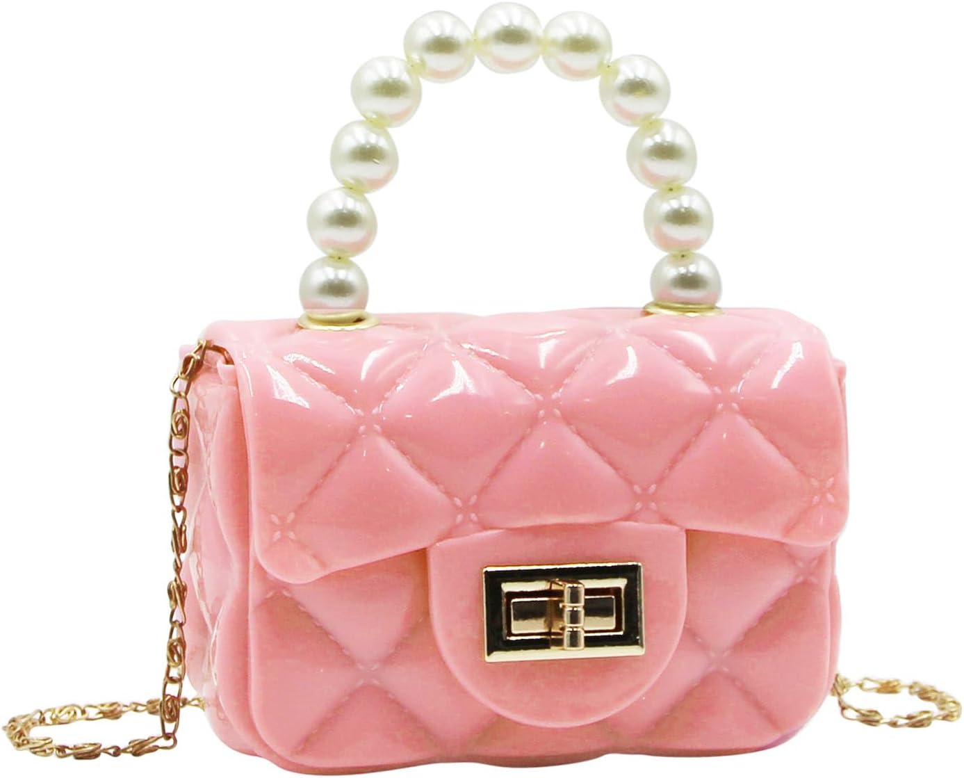 Fashion Candy Color Handbag Satchel Mini Pink Purse Jelly Shoulder Bag Crossbody Purse with Pearls Handle Chain Strap(Small)