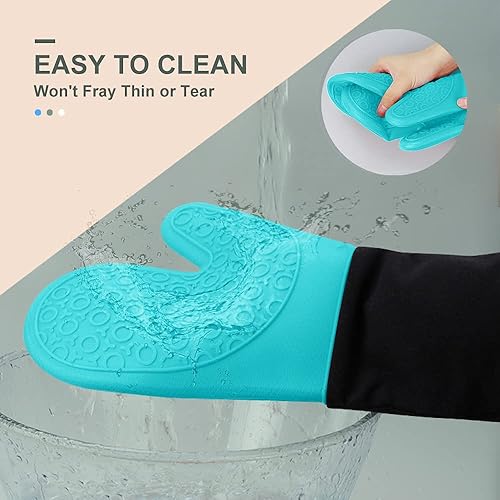 Vista 32 de sungwoo Guantes de horno de silicona, resistentes al calor, con forro acolchado, agarre texturizado antideslizante, perfectos para barbacoa, Negro